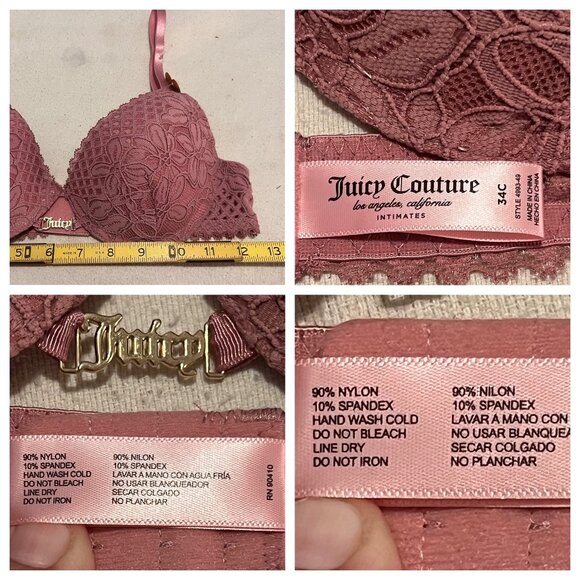Juicy Couture 34C Pink Lace Push-Up Bra Adj Straps Sweetheart Charm Accent - Picture 4 of 16